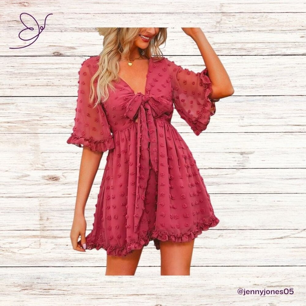 Pink Swiss Dot Tie Front Short Romper-Size Medium-NWOT